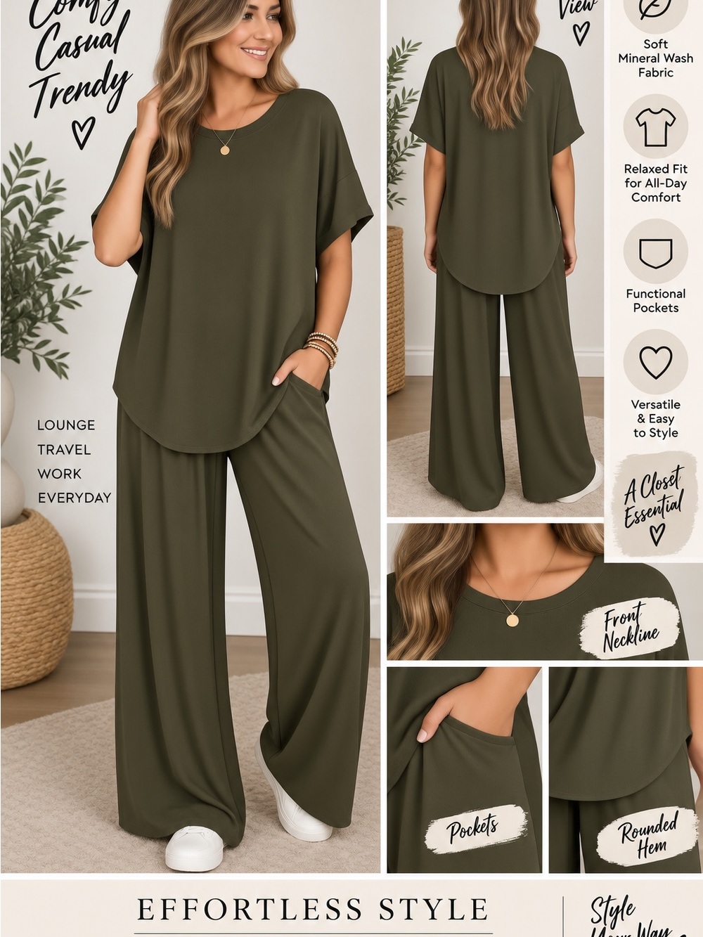Zenana Women's Olive Green Two-Piece Relaxed Lounge Set
